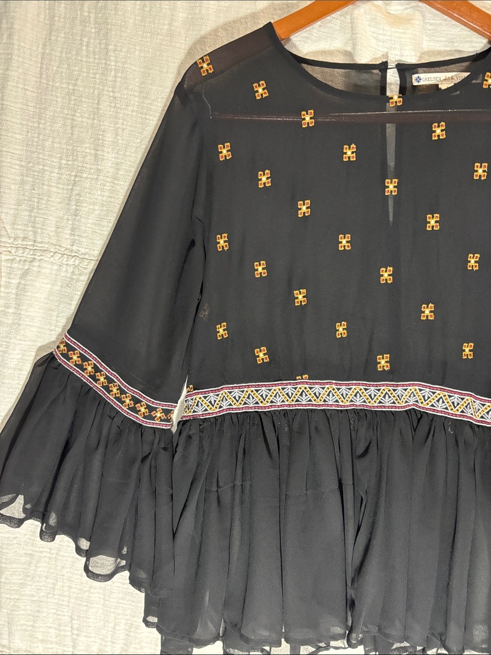 Chelsea & Violet Black Ruffled Peplum Blouse with Gold Embroidery Bell Sleeves - Picture 9 of 11